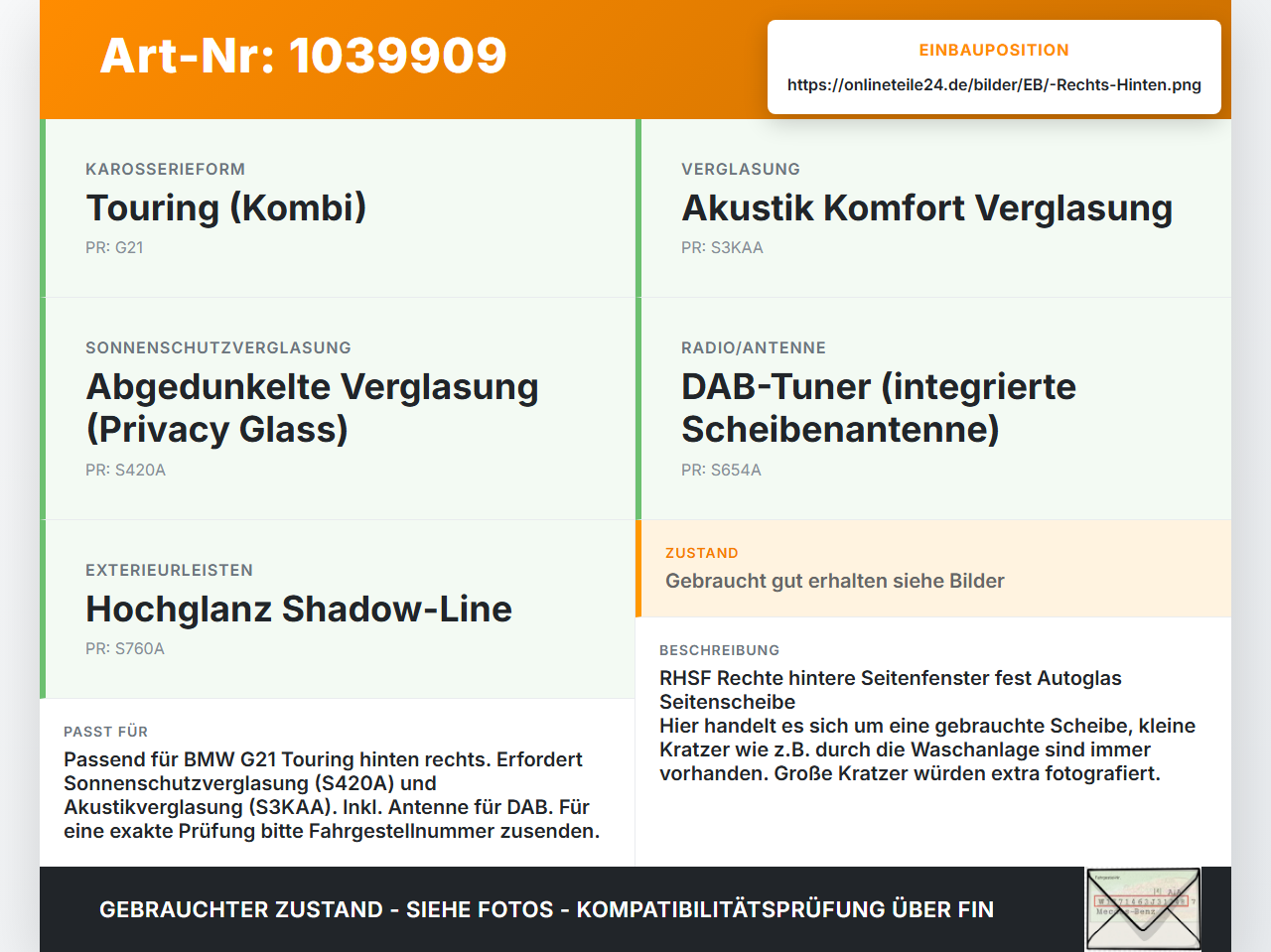 BMW G21 320dx 3er 19-22 Kombi Seitenscheibe Fest Hinten Rechts Privacy Antenne BMW G21 320dx 3er 19-22 17.09.2020... Vorschau 3