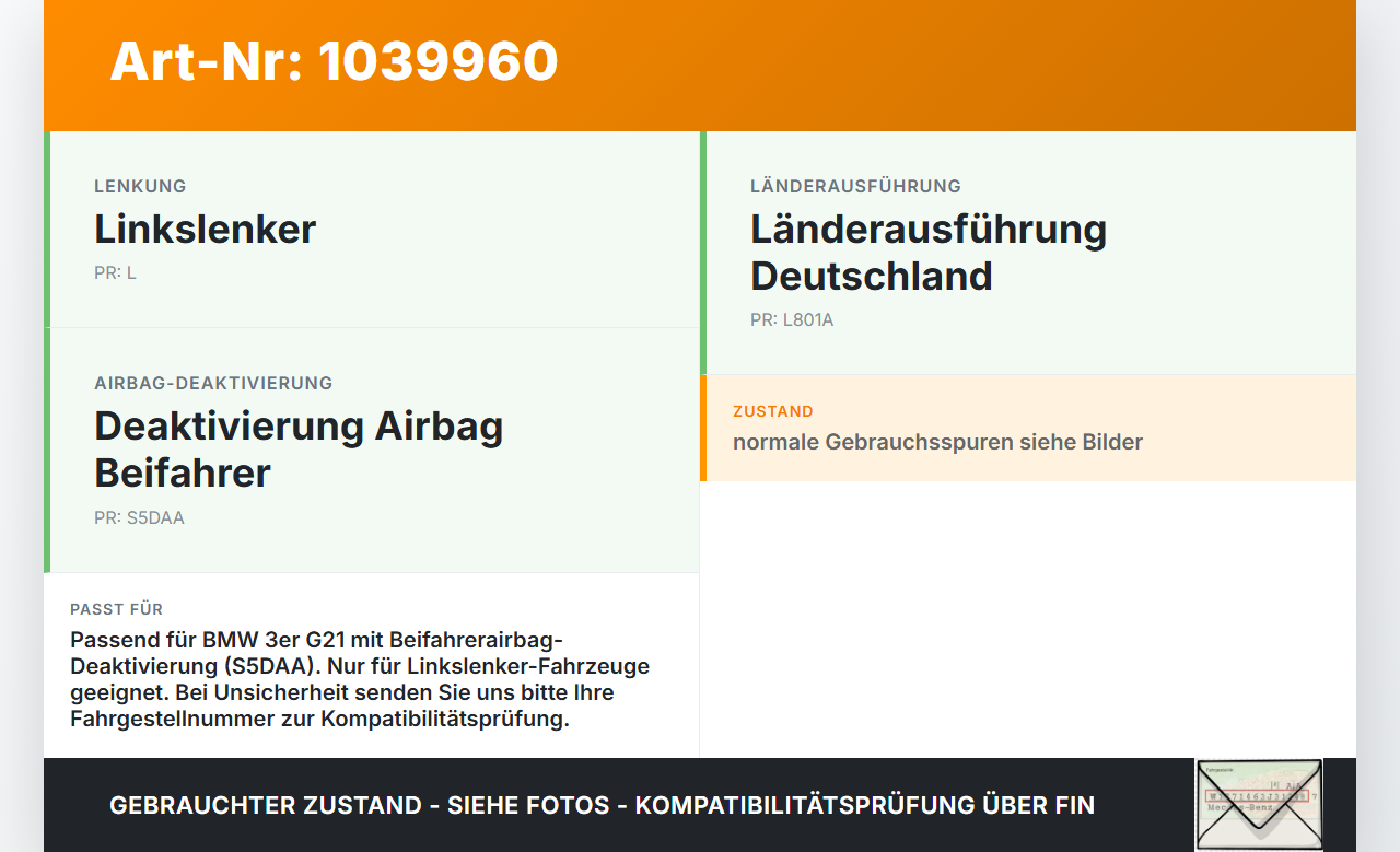 BMW G21 320dx 3er 19-22 Schalter Beifahrerairbag Deaktivierung Schloss BMW G21 320dx 3er 19-22 17.09.2020 9483731... Vorschau 3