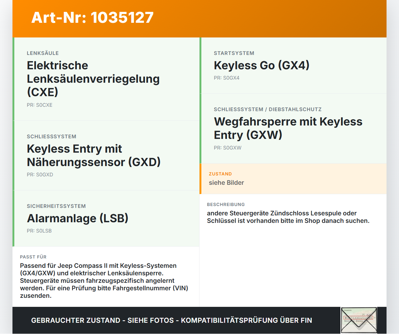 Jeep Compass II 17-21 2,0 103KW Wegfahrsperre ECU Steuergerät Jeep Compass II 17-21 12.03.2019 gebraucht Vorschau 3