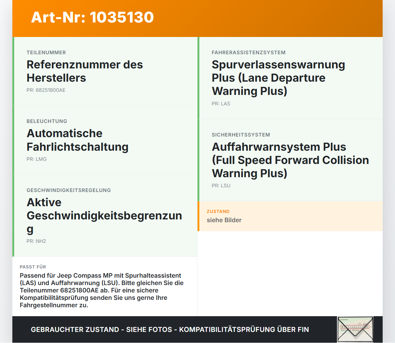 Jeep Compass II 17-21 2,0 103KW Kamera Frontkamera Sensor für Spurassistent Jeep Compass II 17-21 12.03.2019... Vorschau 3