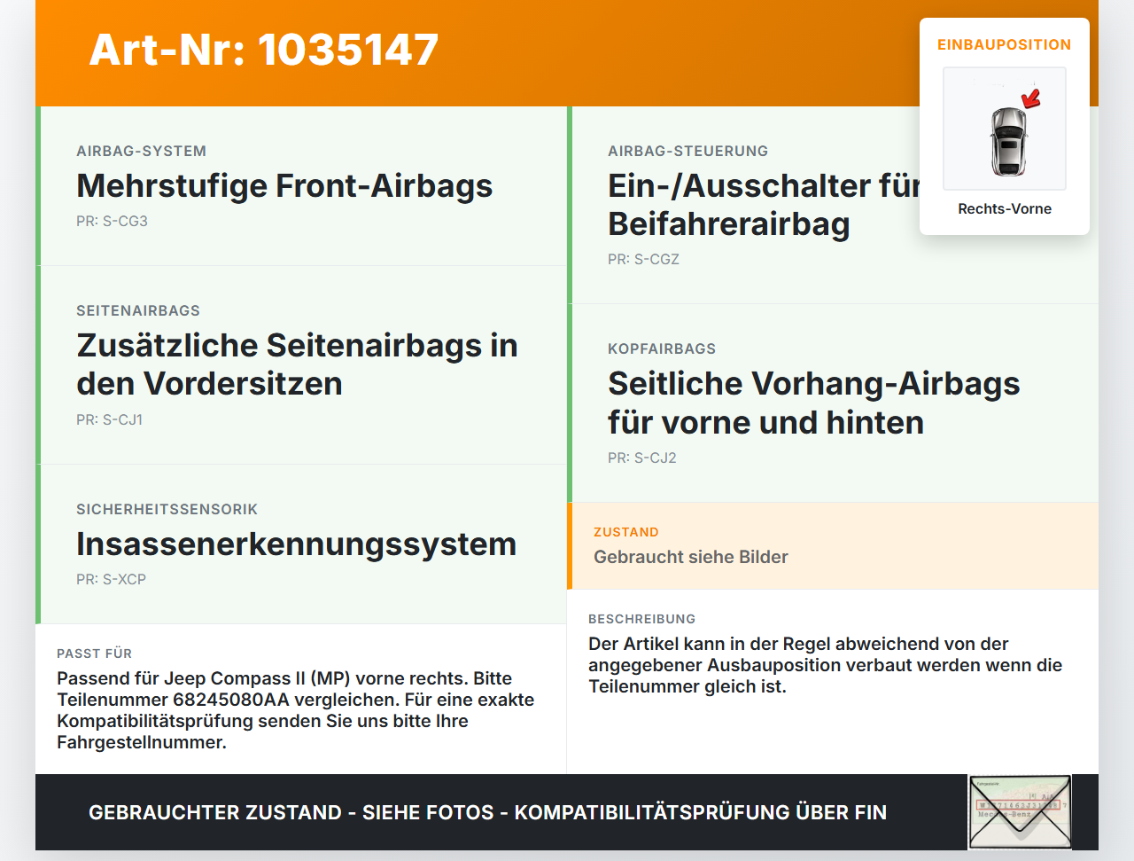 Jeep Compass II 17-21 Sensor für Airbag Crashsensor Airbagsensor Rechts Vorne Jeep Compass II 17-21 12.03.2019... Vorschau 3