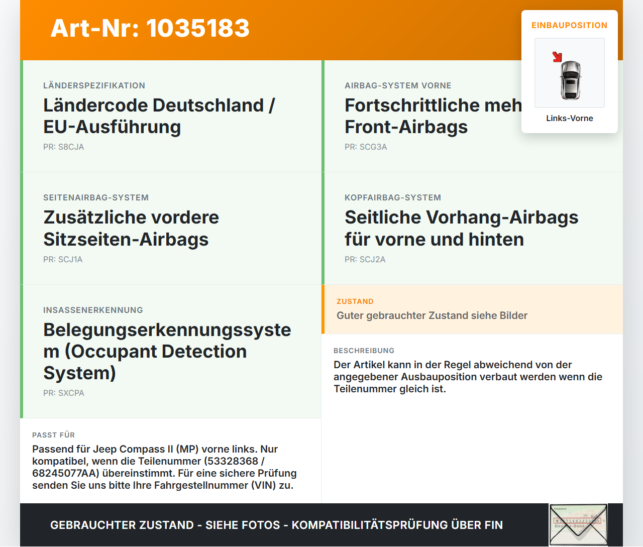 Jeep Compass II 17-21 Sensor für Airbag Crashsensor Airbagsensor Links Vorne Jeep Compass II 17-21 12.03.2019... Vorschau 3