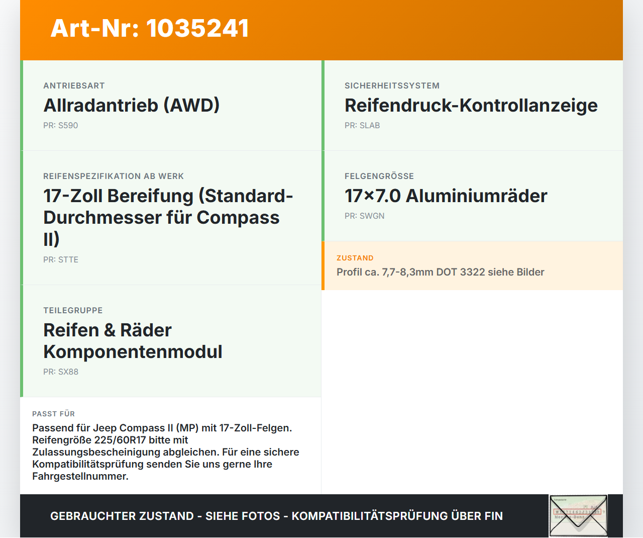 Jeep Compass II 17-21 2 x Reifen Winterreifen Kumho 225/60R17 99 H Jeep Compass II 17-21 12.03.2019 gebraucht Vorschau 3