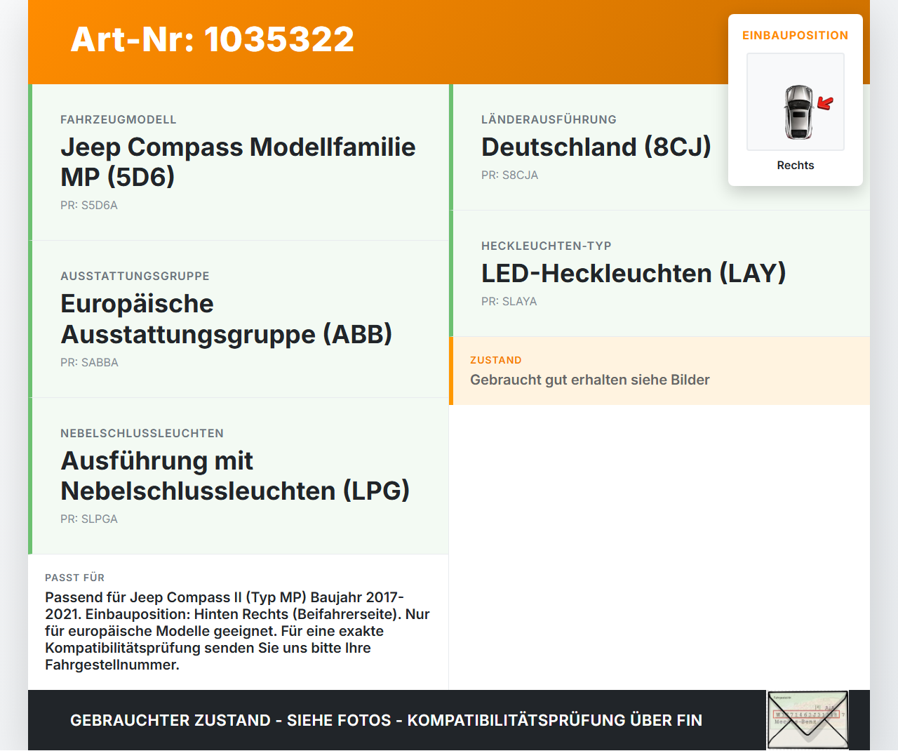 Jeep Compass II 17-21 Nebelschlussleuchte Heckleuchte Rechts Jeep Compass II 17-21 12.03.2019 55112674AA 29-4559... Vorschau 3