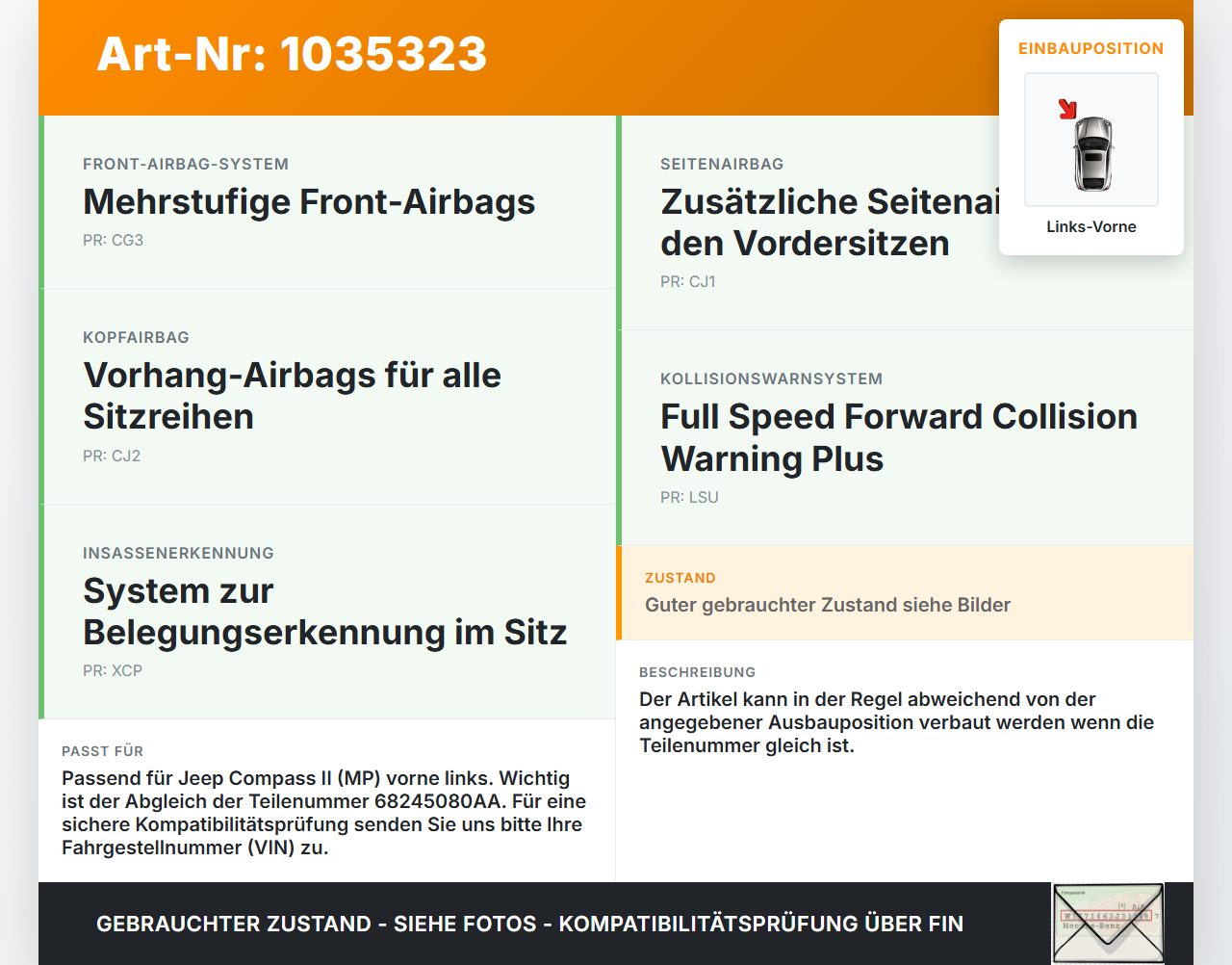 Jeep Compass II 17-21 Sensor für Airbag Crashsensor Airbagsensor Links Vorne Jeep Compass II 17-21 12.03.2019... Vorschau 3