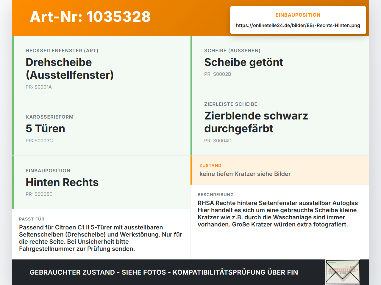 Citroen C1 II 14-18 RH Ausstell Seitenscheibe Scheibe Rechts Hinten Orig. getönt Citroen C1 II 14-18 01.01.2018... Vorschau 3