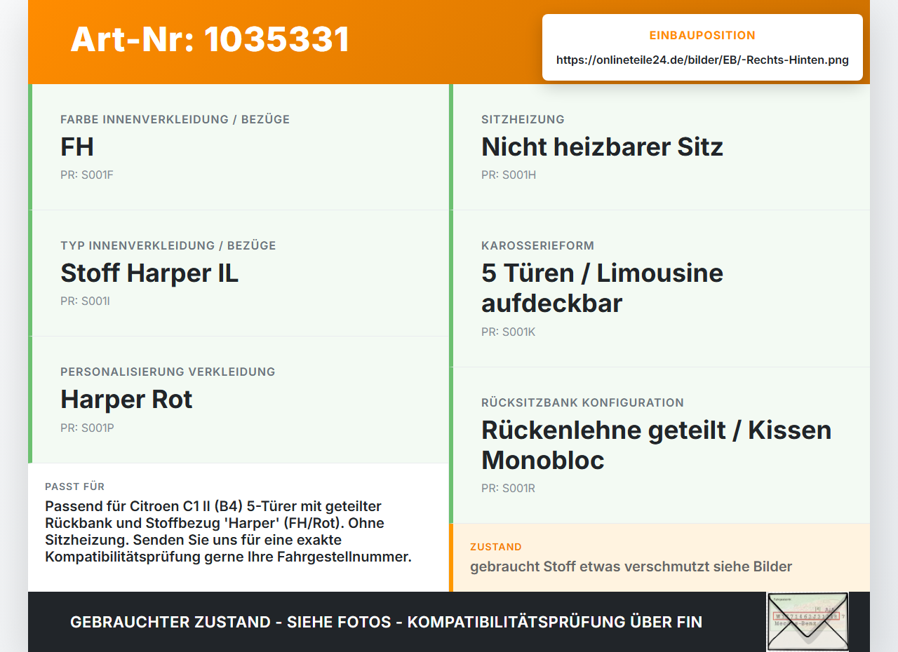 Citroen C1 II 14-18 Sitzbezug Rückenpolster Rechts für Rücksitzbank Hinten Citroen C1 II 14-18 01.01.2018 gebraucht Vorschau 3