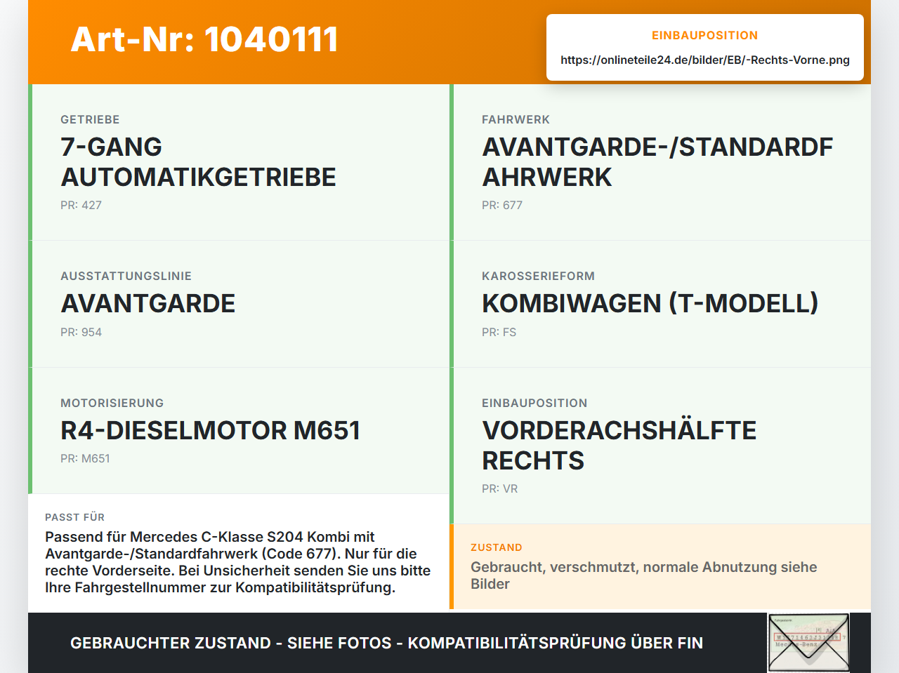 Mercedes W204 S204 C250 07-14 Kombi Stossdämpfer Federbein Vorne Rechts Mercedes W204 S204 C250 07-14 29.08.2013... Vorschau 3