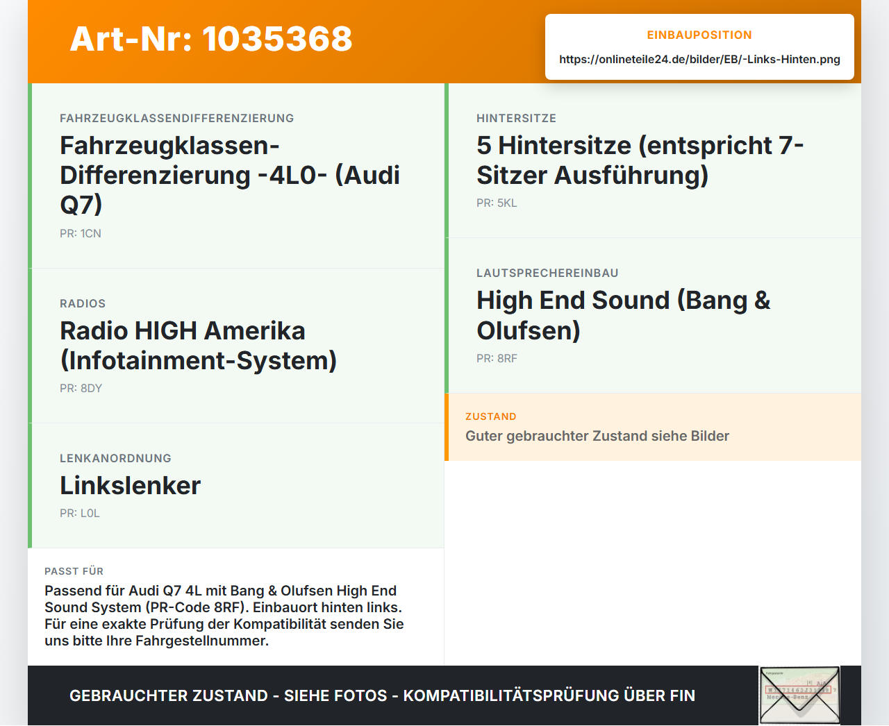 Audi Q7 4L 09-15 Lautsprecher Links Hinten Bang & Olufsen Audi Q7 4L 09-15 22.10.2012 4L0035415D 4L0035415C gebraucht Vorschau 3