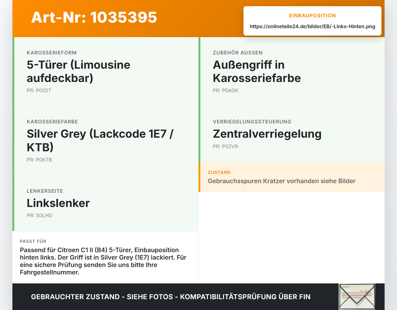 Citroen C1 II 14-18 Türgriff Griff aussen Links Hinten 1E7 Citroen C1 II 14-18 01.01.2018 gebraucht Vorschau 3