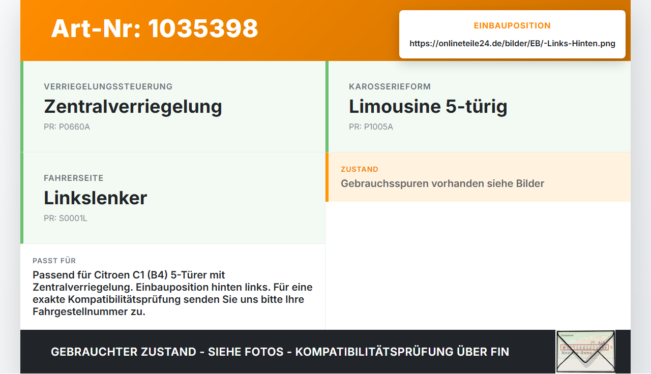 Citroen C1 II 14-18 Türschloss m. ZV Stellmotor Links Hinten Citroen C1 II 14-18 01.01.2018 gebraucht Vorschau 3