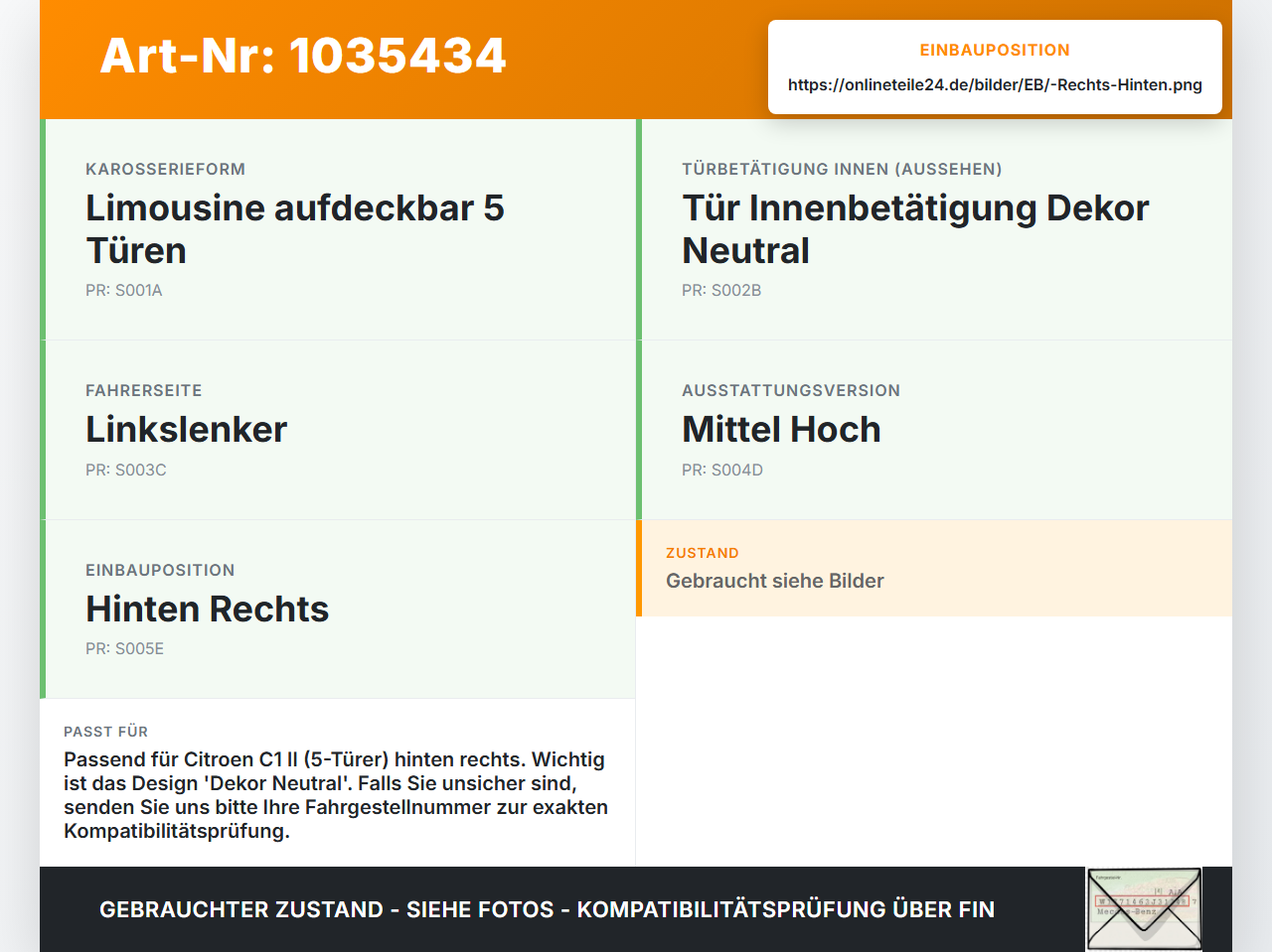 Citroen C1 II 14-18 Griff Griffmuschel Türgriff Innen Rechts Hinten Citroen C1 II 14-18 01.01.2018 69205-0D201 gebraucht Vorschau 3