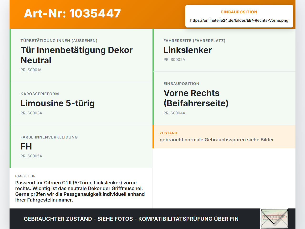 Citroen C1 II 14-18 Türgriff Griffmuschel Griff Innen Rechts Vorne Citroen C1 II 14-18 01.01.2018 69205-0D271 gebraucht Vorschau 3