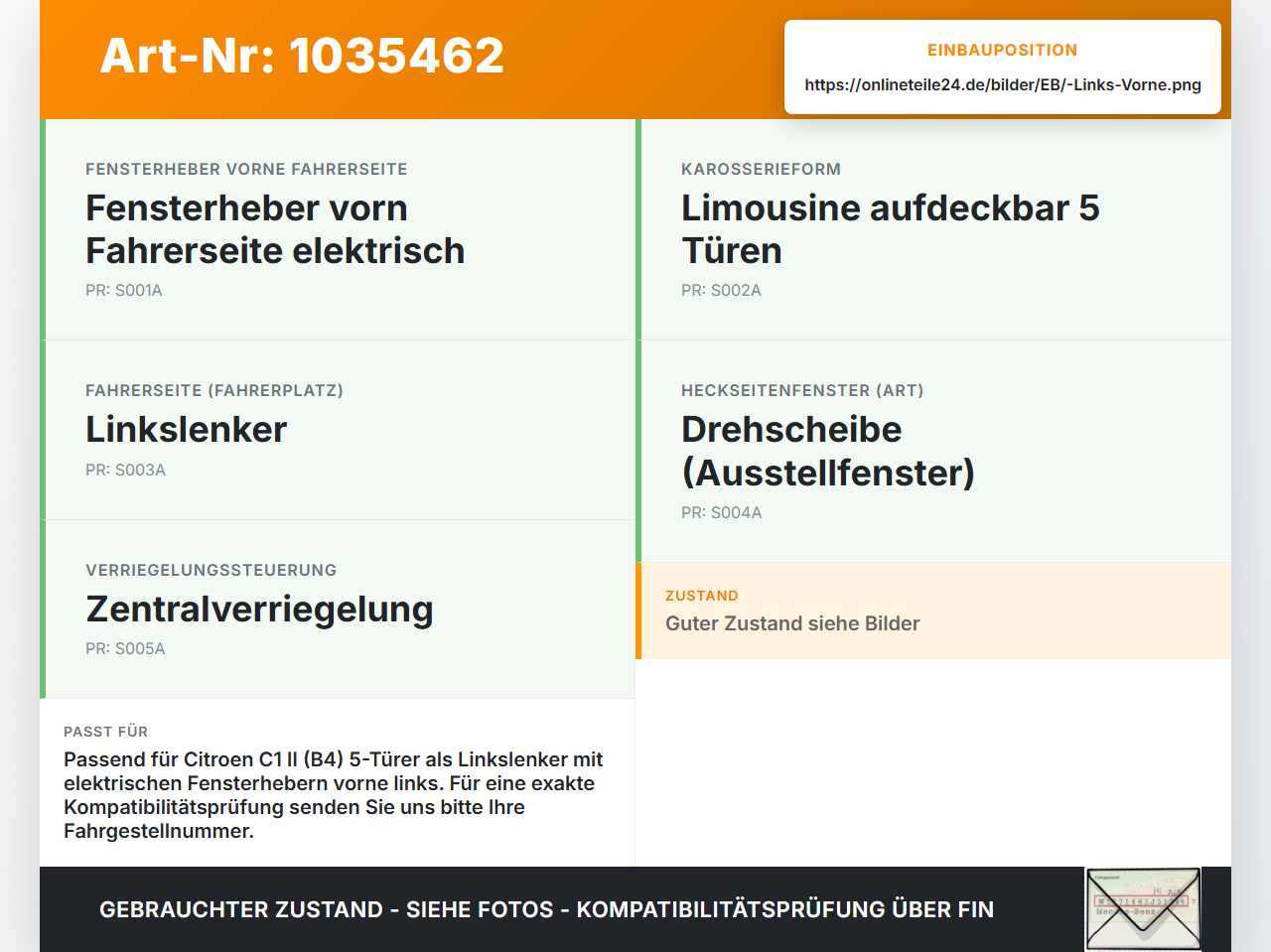 Citroen C1 II 14-18 Fensterhebermotor mit Fensterheber Links Vorne Citroen C1 II 14-18 01.01.2018 402663A gebraucht Vorschau 3