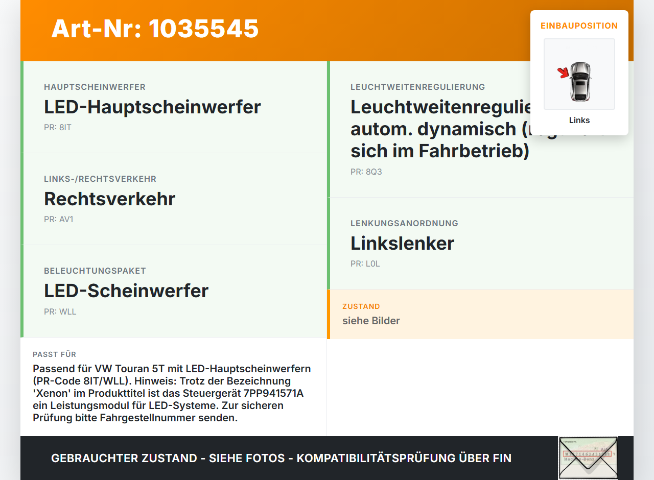 VW Touran II 5T 15-22 Xenon Vorschaltgerät Steuergerät Links VW Touran II 5T 15-22 11.03.2016 7PP941571AC... Vorschau 3