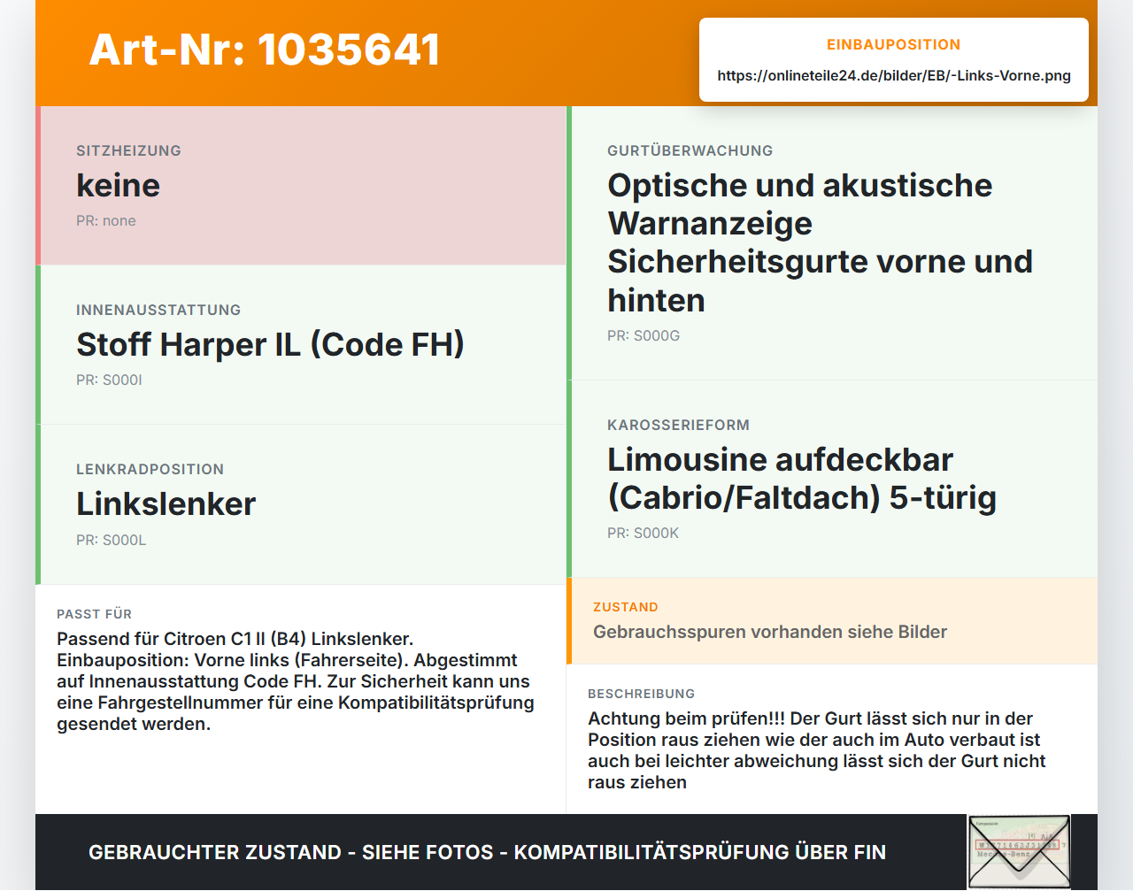 Citroen C1 II 14-18 Gurt Sicherheitsgurt m. Gurtstraffer für Fahrer Links Vorne Citroen C1 II 14-18 01.01.2018... Vorschau 3
