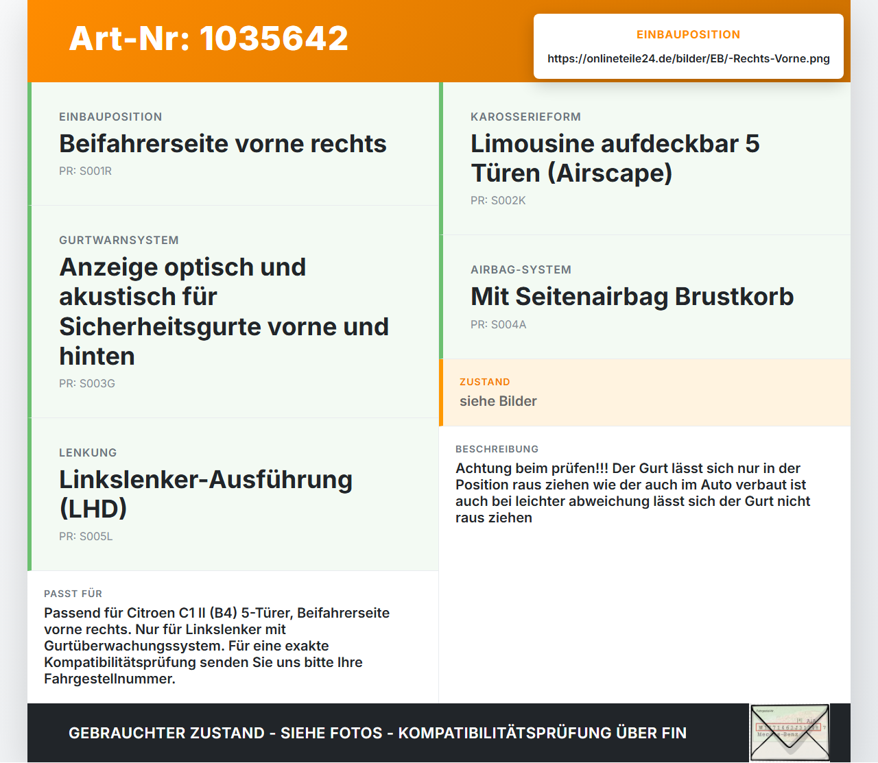 Citroen C1 II 14-18 Gurt Sicherheitsgurt Gurtstraffer für Beifahrer Rechts Vorne Citroen C1 II 14-18 01.01.2018... Vorschau 3
