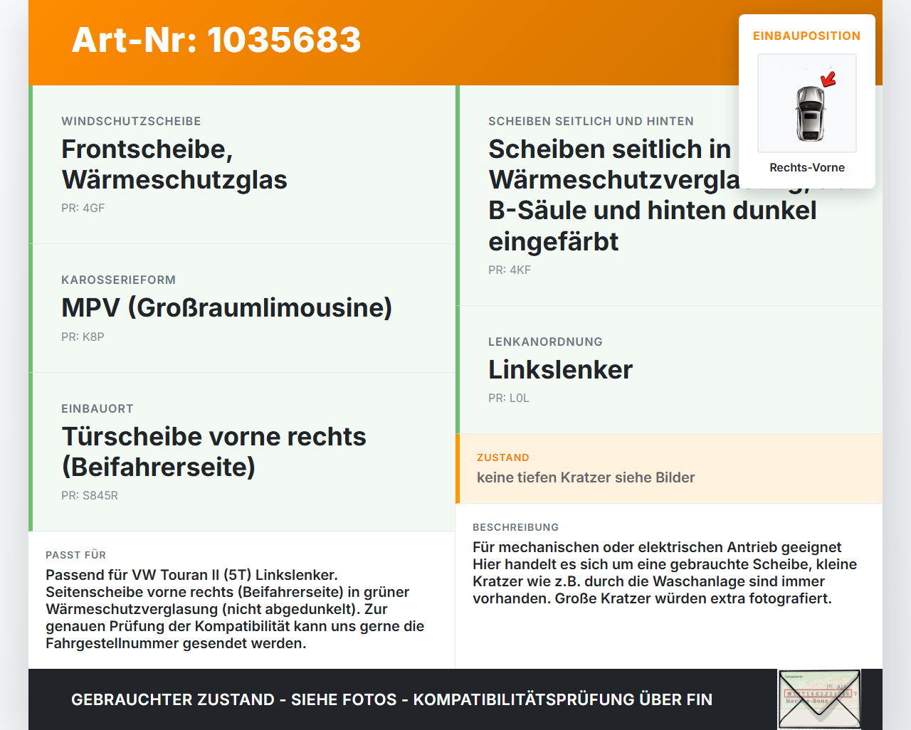 VW Touran II 5T 15-22 Seitenscheibe RVK Türscheibe Rechts Vorne VW Touran II 5T 15-22 11.03.2016 5TA845202 gebraucht Vorschau 3