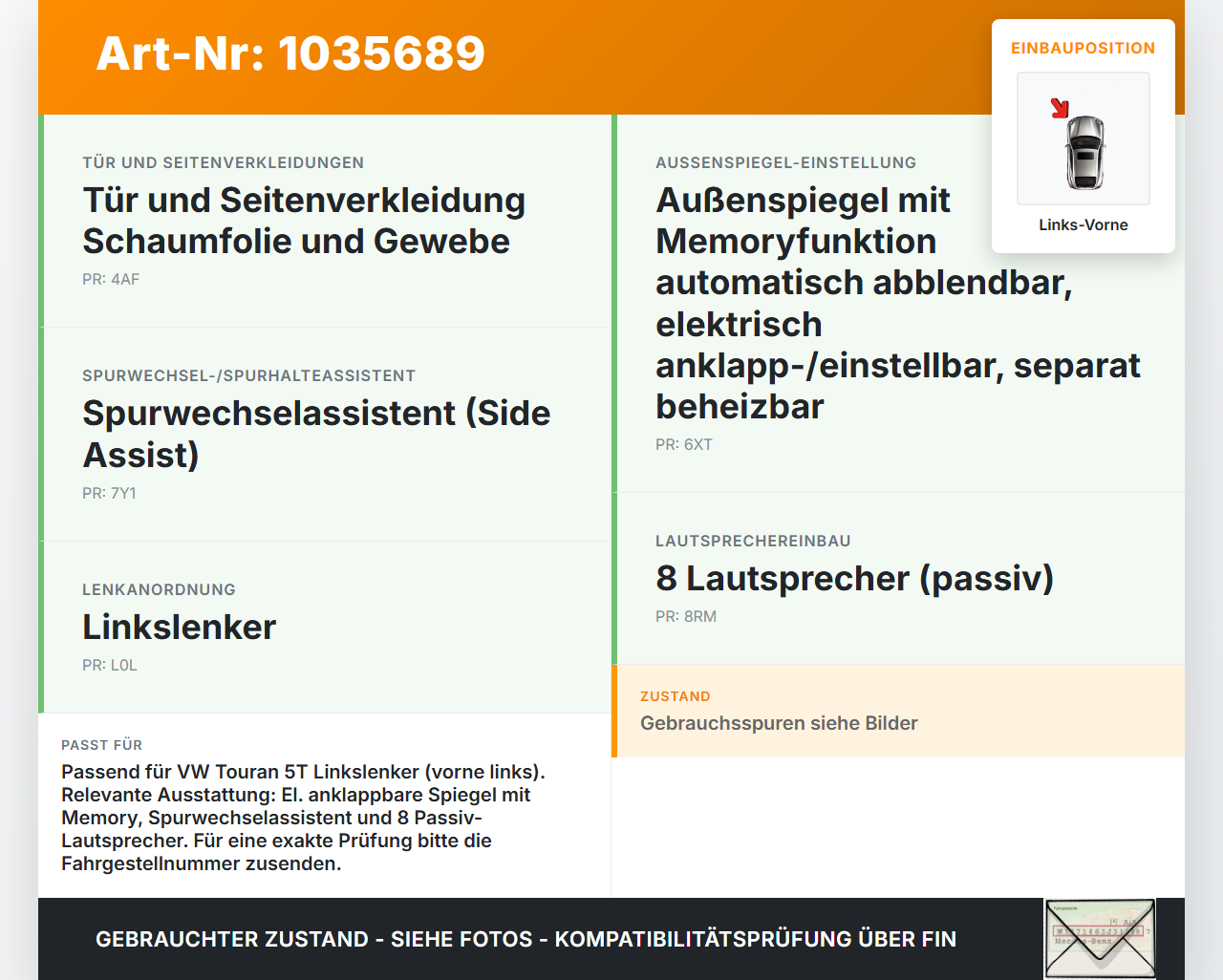 VW Touran II 5T 15-22 Kabelbaum Tür und Fensterheber Links Vorne VW Touran II 5T 15-22 11.03.2016 5TB971153A gebraucht Vorschau 3