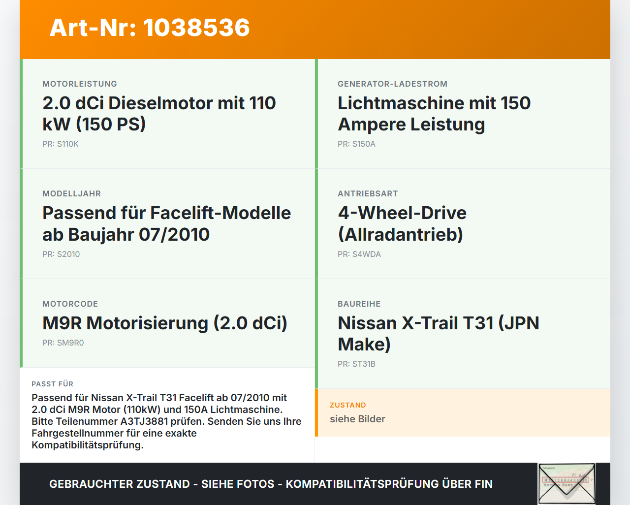 Nissan X-Trail T31 10-14 dCi 2,0 110KW Lichtmaschine Generator 150A Nissan X-Trail T31 10-14 21.09.2011 23100JG71B... Vorschau 3