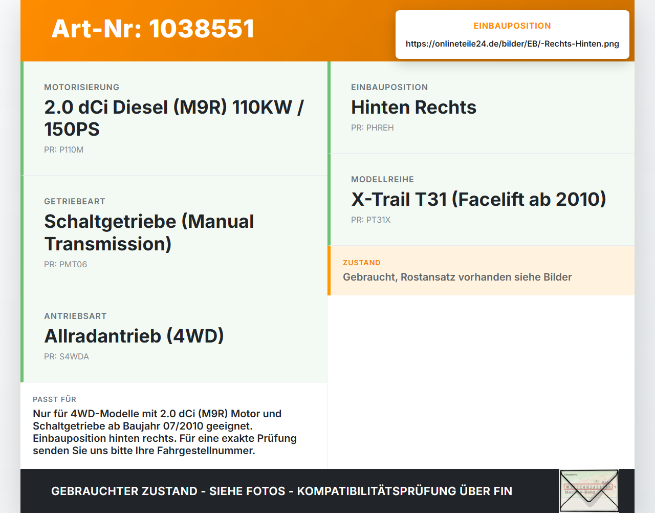 Nissan X-Trail T31 10-14  dCi 2,0 110KW 4WD Antriebswelle Gelenkwelle Rechts Hinten Nissan X-Trail T31 10-14... Vorschau 3