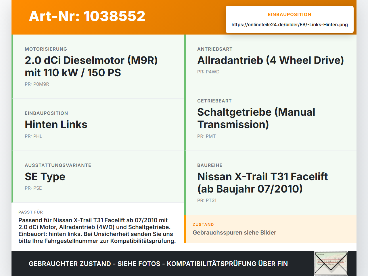 Nissan X-Trail T31 10-14  dCi 2,0 110KW 4WD Antriebswelle Gelenkwelle Hinten Links Nissan X-Trail T31 10-14... Vorschau 3