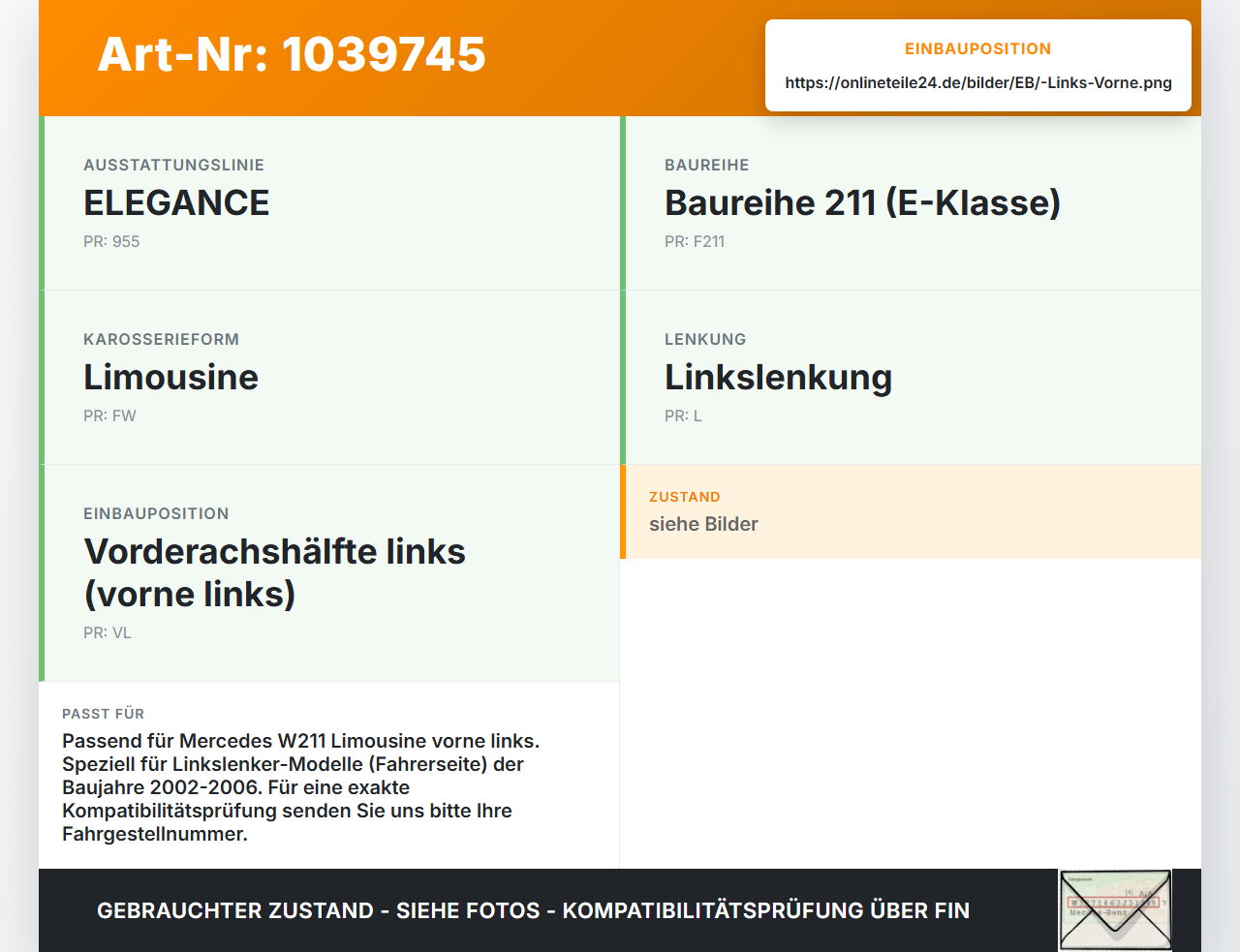 Mercedes W211 E200 02-06 Lim Türfangband Türbremse Türanschlag Links Vorne Mercedes W211 E200 02-06 27.02.2003... Vorschau 3