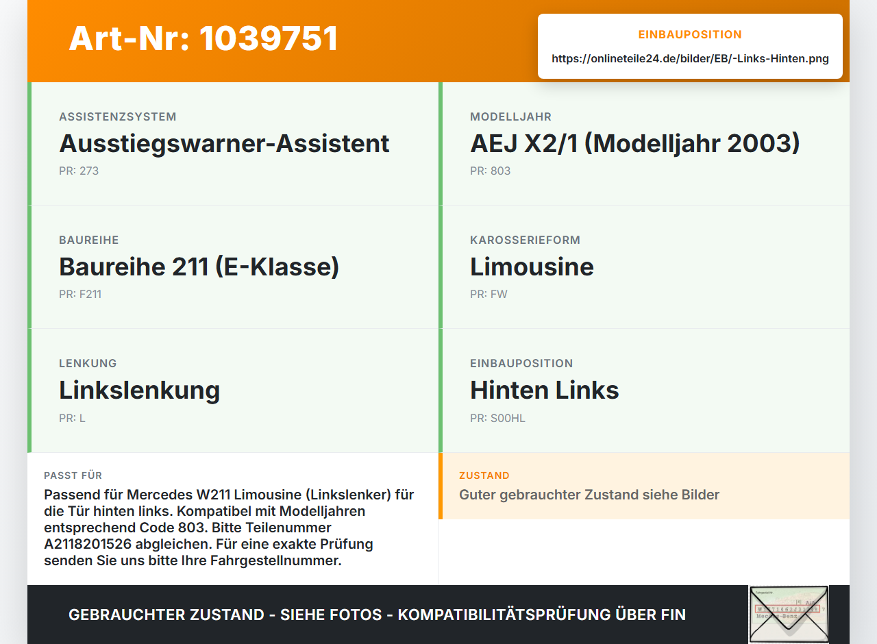 Mercedes W211 E200 02-06 Steuergeraet SG Türsteuergerät Links Hinten Mercedes W211 E200 02-06 27.02.2003... Vorschau 3