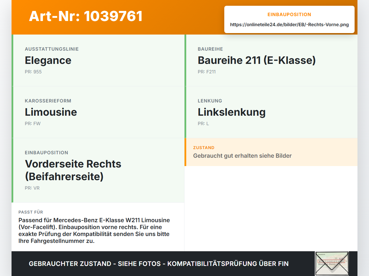 Mercedes W211 E200 02-06 Lim Türfangband Türbremse Türanschlag Rechts Vorne Mercedes W211 E200 02-06 27.02.2003... Vorschau 3