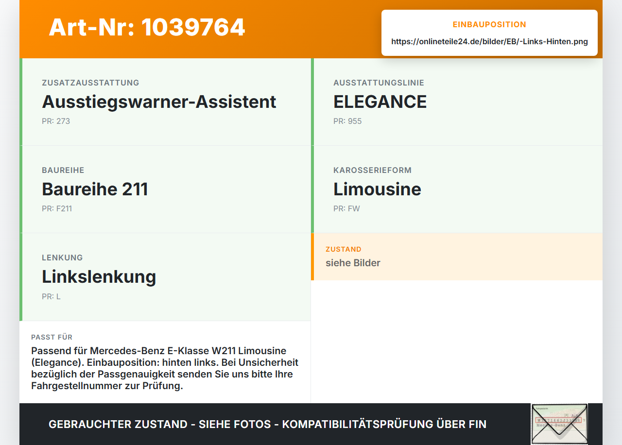 Mercedes W211 E200 02-06 Lim Türfangband Türbremse Türanschlag Links Hinten Mercedes W211 E200 02-06 27.02.2003... Vorschau 3