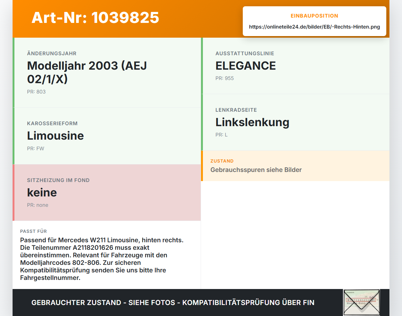 Mercedes W211 E200 02-06 Steuergeraet SG Türsteuergerät Rechts Hinten Mercedes W211 E200 02-06 27.02.2003... Vorschau 3