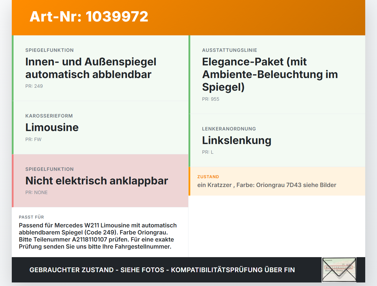 Mercedes W211 E200 02-06 Innenspiegel Rückspiegel Spiegel Innen Mercedes W211 E200 02-06 27.02.2003 A2118110107... Vorschau 3