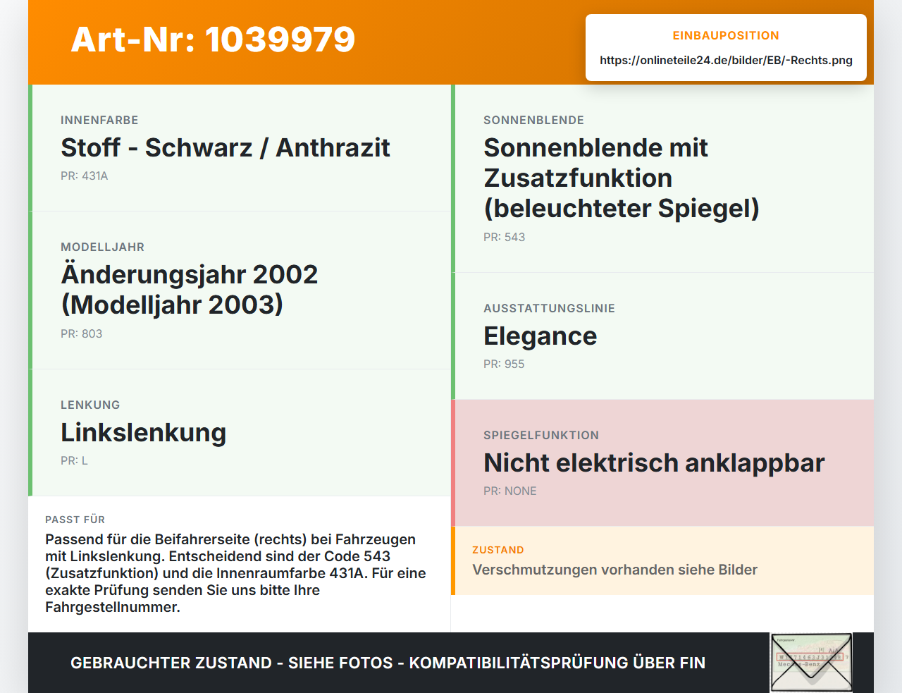 Mercedes W211 E200 02-06 Sonnenblende seite Grau Spiegel Rechts Mercedes W211 E200 02-06 27.02.2003 A2038174920... Vorschau 3