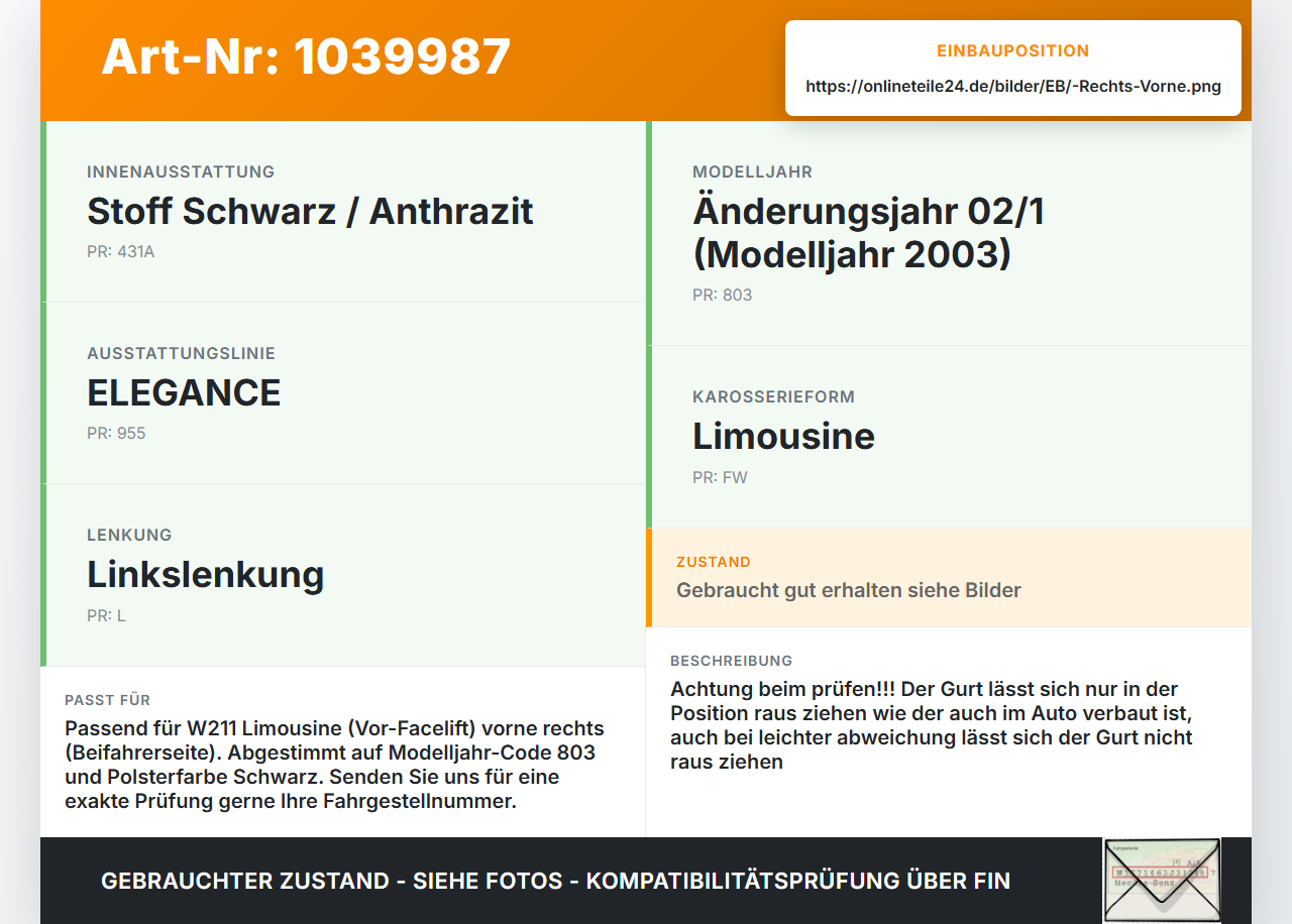 Mercedes W211 E200 02-06 Lim Gurt Gurtstraffer Beifahrer Rechts Vorne Mercedes W211 E200 02-06 27.02.2003... Vorschau 3
