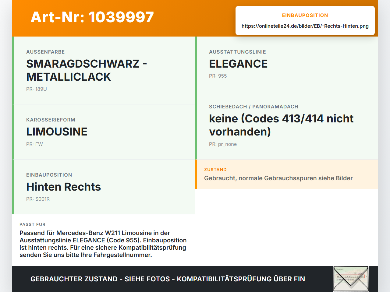 Mercedes W211 E200 02-06 Lim Leiste für Tür Scheibendichtung Rechts Hinten Mercedes W211 E200 02-06 27.02.2003... Vorschau 3