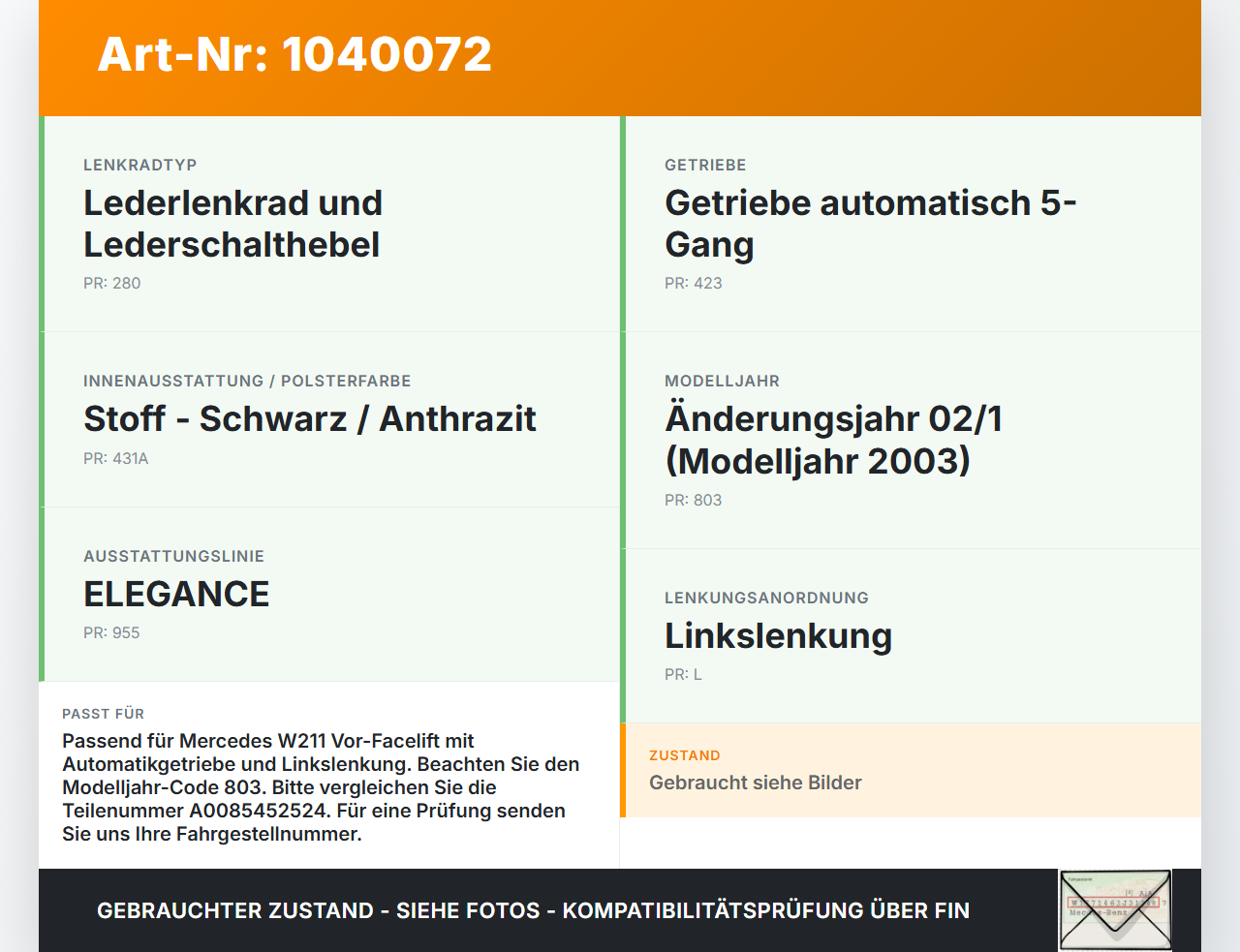 Mercedes W211 E200 02-06 Lenkstockschalter für Tempomat Bedienung Mercedes W211 E200 02-06 27.02.2003 A0085452524... Vorschau 3