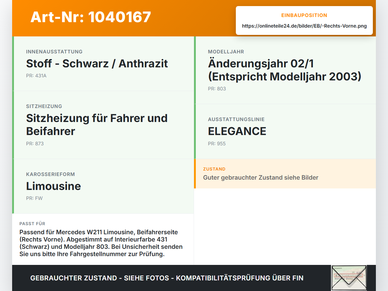 Mercedes W211 E200 02-06 Lim Gurtschloss Rechts Vorne Mercedes W211 E200 02-06 27.02.2003 A2118600369 2118600369... Vorschau 3