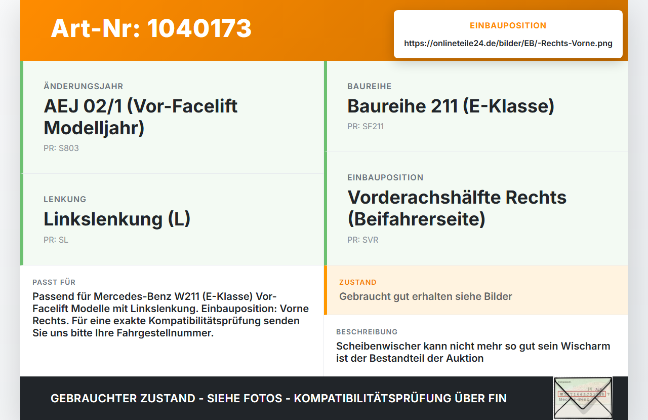 Mercedes W211 E200 02-06 Scheibenwischer Wischarm Vorne Rechts Mercedes W211 E200 02-06 27.02.2003 A2118200444 gebraucht Vorschau 3