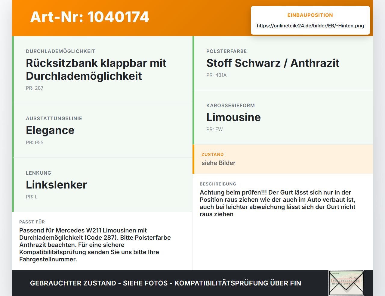 Mercedes W211 E200 02-06 Lim Gurt Sicherheitsgurt Mitte Hinten Mercedes W211 E200 02-06 27.02.2003 A2118600785... Vorschau 3