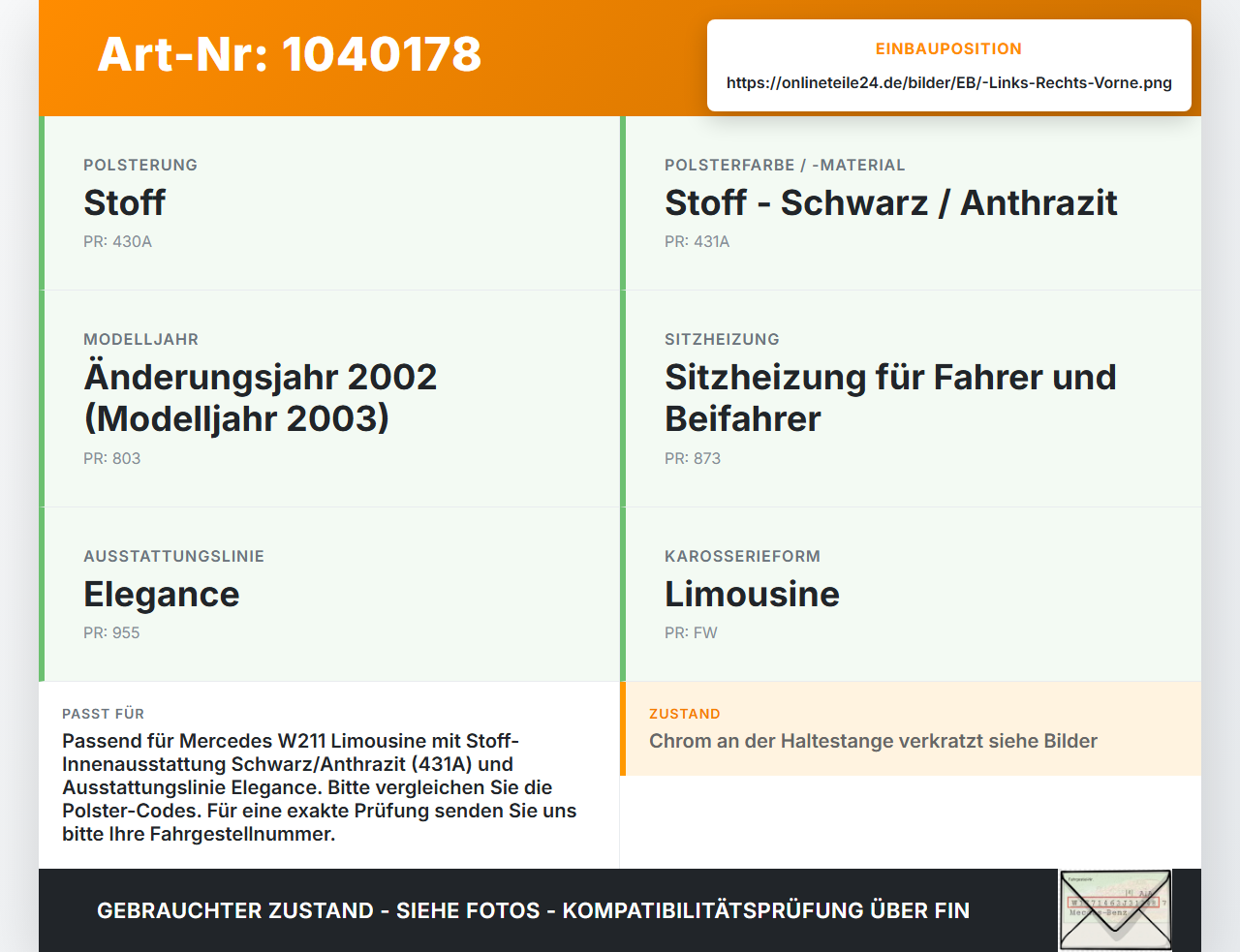 Mercedes W211 E200 02-06 Lim Kopfstütze für Beifahrer Sitz Rechts oder Links Vorne Mercedes W211 E200 02-06... Vorschau 3