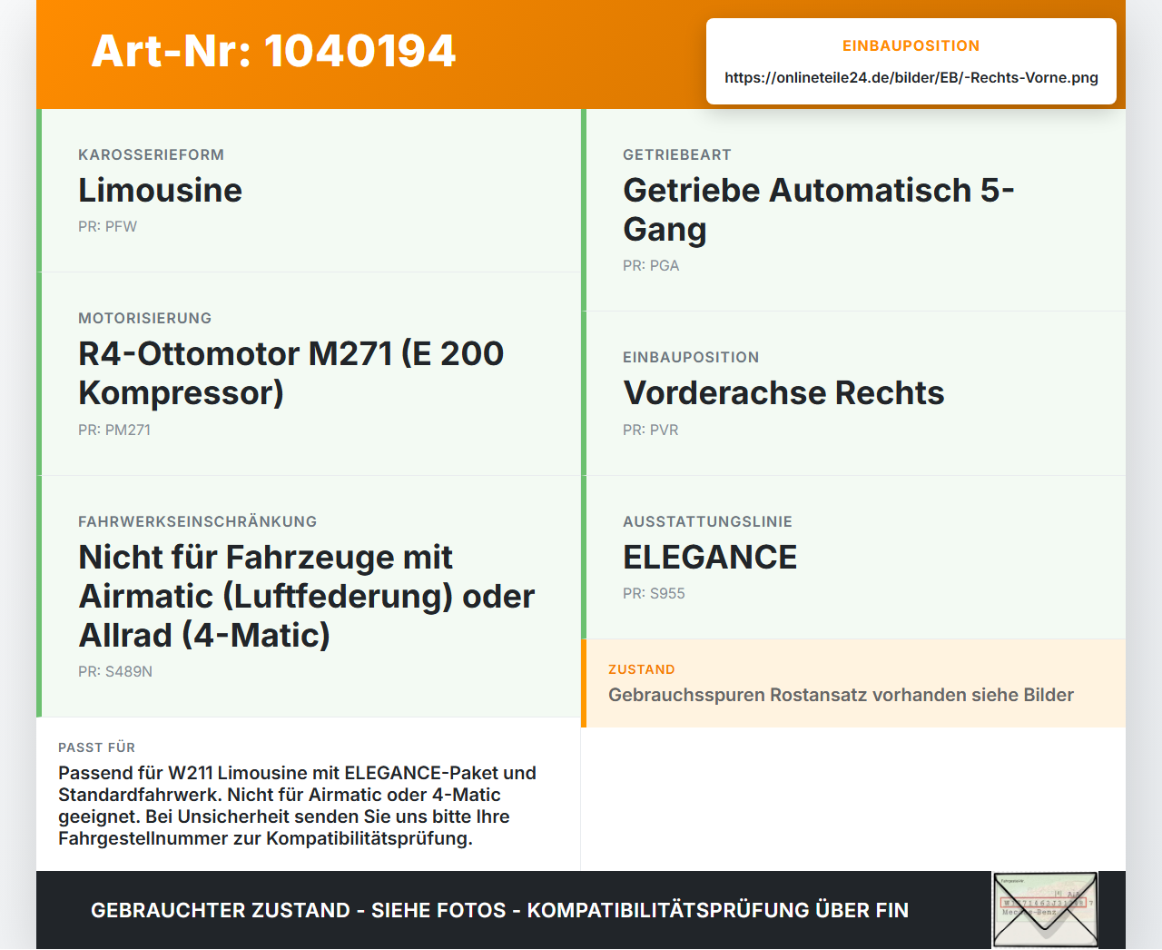 Mercedes W211 E200 02-06 Lim Stossdämpfer Federbein Vorne Rechts Mercedes W211 E200 02-06 27.02.2003 A2113231100... Vorschau 3
