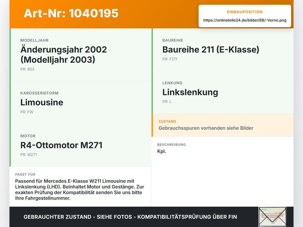Mercedes W211 E200 02-06 Scheibenwischermotor Wischermotor m. Gestänge Vorne Mercedes W211 E200 02-06 27.02.2003... Vorschau 3