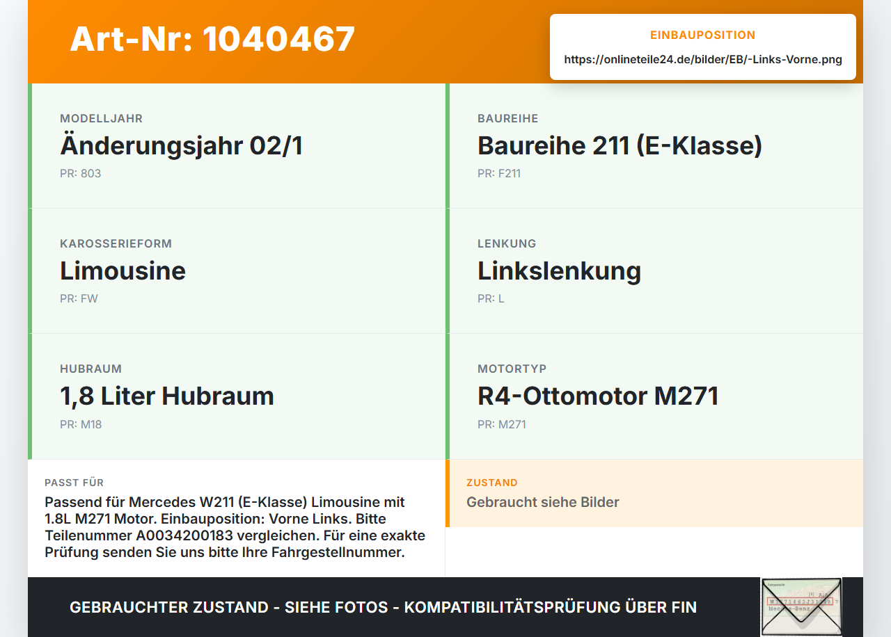 Mercedes W211 E200 02-06 1,8 120KW Bremssattel Bremszange Vorne Links Mercedes W211 E200 02-06 27.02.2003... Vorschau 3