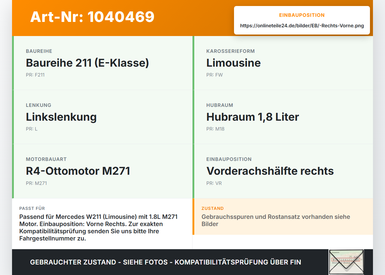 Mercedes W211 E200 02-06 1,8 120KW Bremssattel Bremszange Vorne Rechts Mercedes W211 E200 02-06 27.02.2003... Vorschau 3