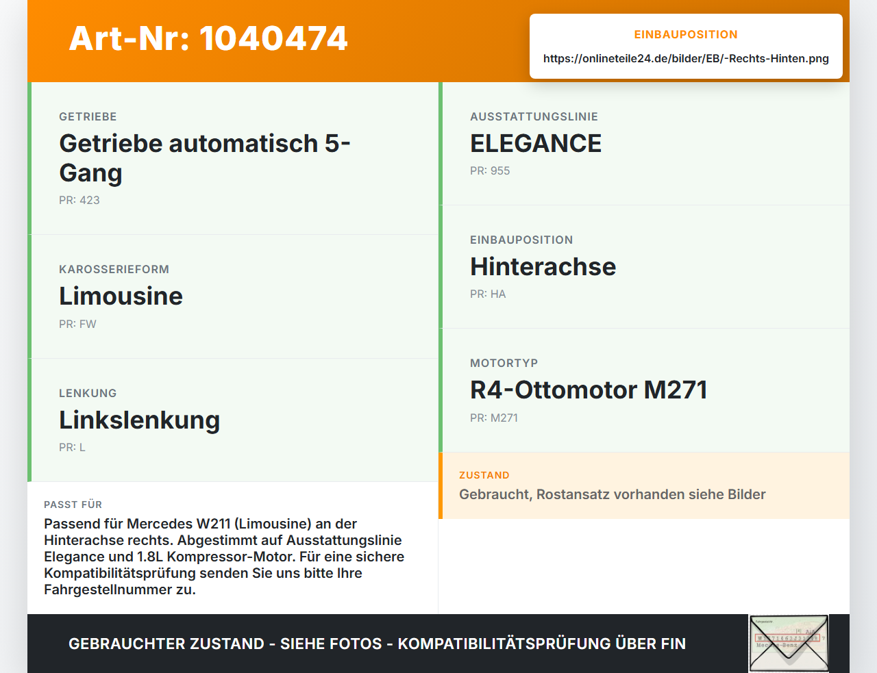 Mercedes W211 E200 02-06 Lim 1,8 120KW Achsschenkel Radnabe mit ABS Rechts Hinten Mercedes W211 E200 02-06... Vorschau 3
