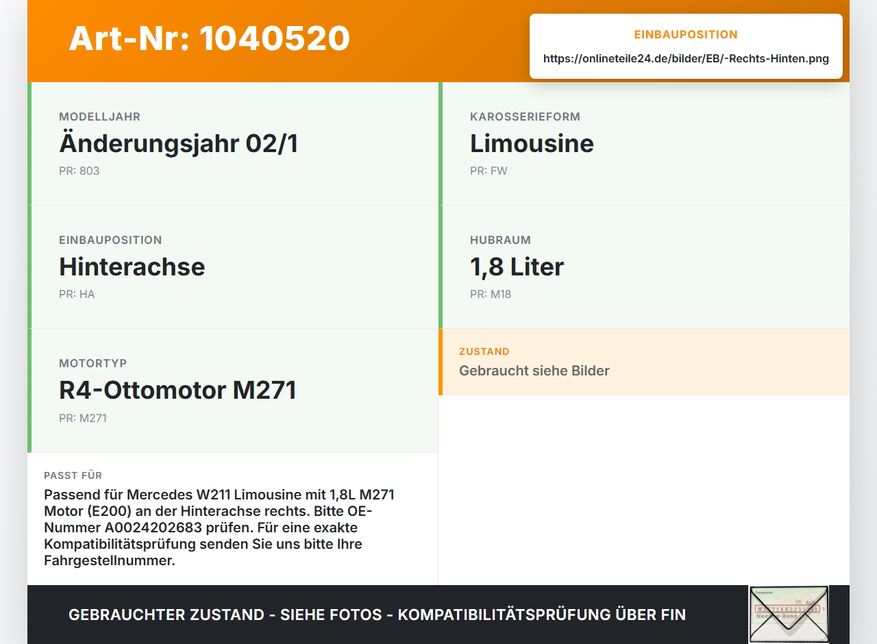 Mercedes W211 E200 02-06 1,8 120KW Bremssattel Bremszange Hinten Rechts Mercedes W211 E200 02-06 27.02.2003... Vorschau 3
