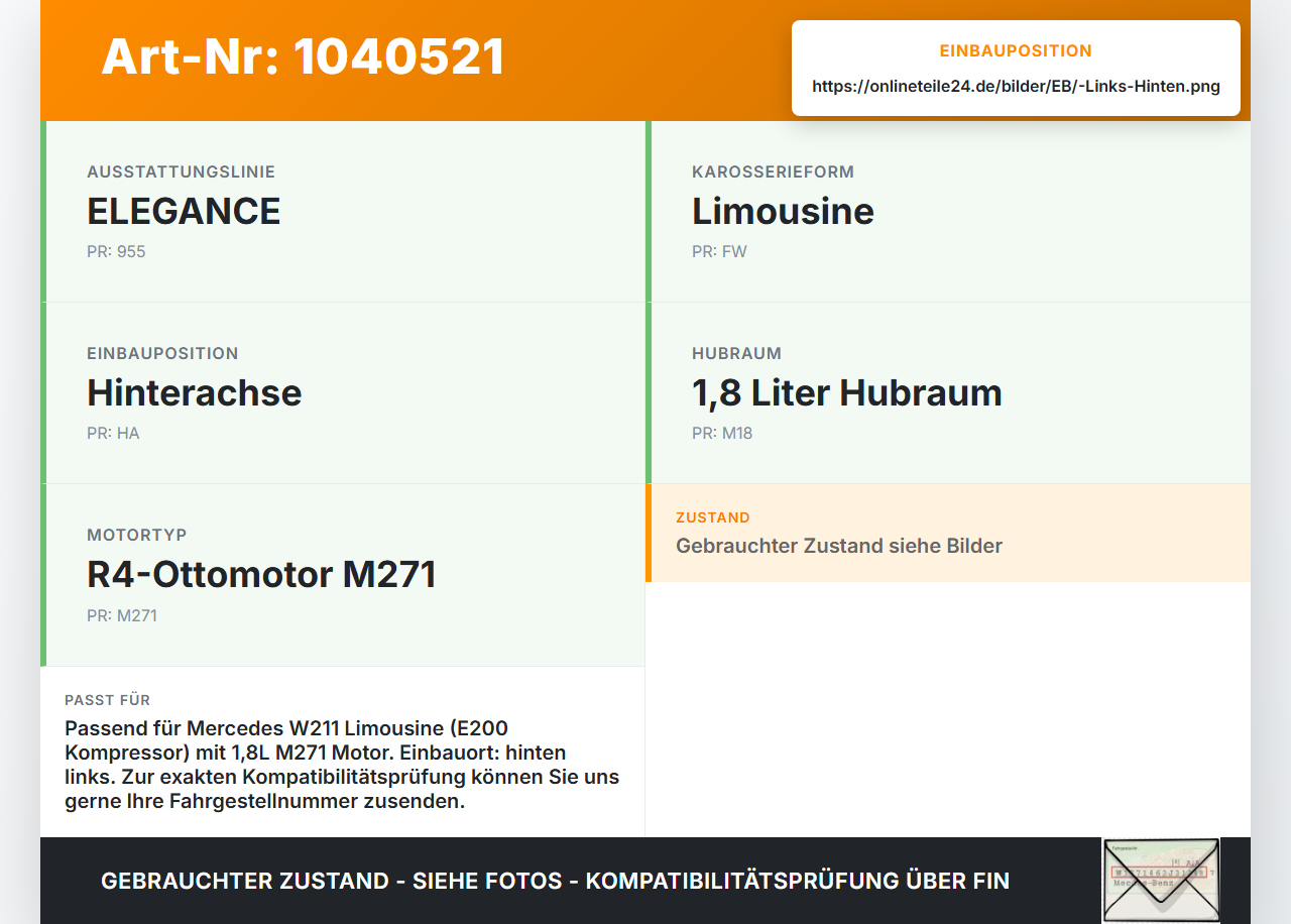 Mercedes W211 E200 02-06 1,8 120KW Bremssattel Bremszange Hinten Links Mercedes W211 E200 02-06 27.02.2003... Vorschau 3