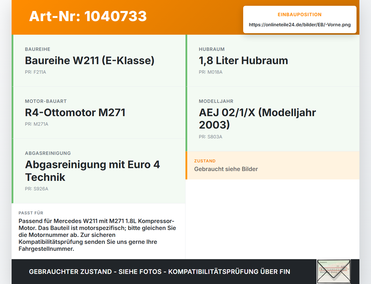 Mercedes W211 E200 02-06 1,8 120KW Stirndeckel Steuergehäuse Kettenkasten Vorne Mercedes W211 E200 02-06 27.02.2003... Vorschau 3