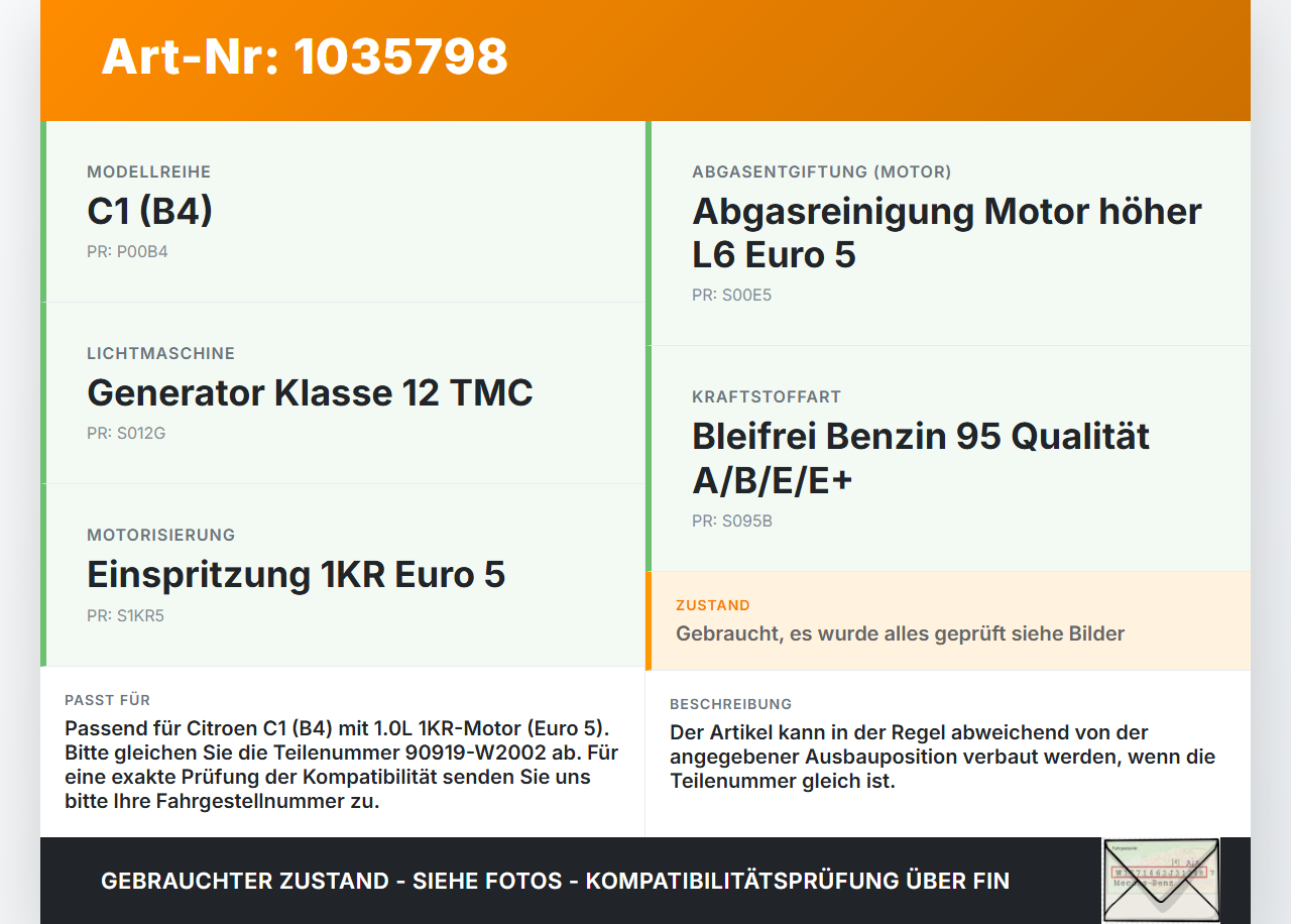 Citroen C1 II 14-18 1,0 53KW Zündspule Zyl.1 Citroen C1 II 14-18 01.01.2018 90919-W2002 gebraucht Vorschau 3