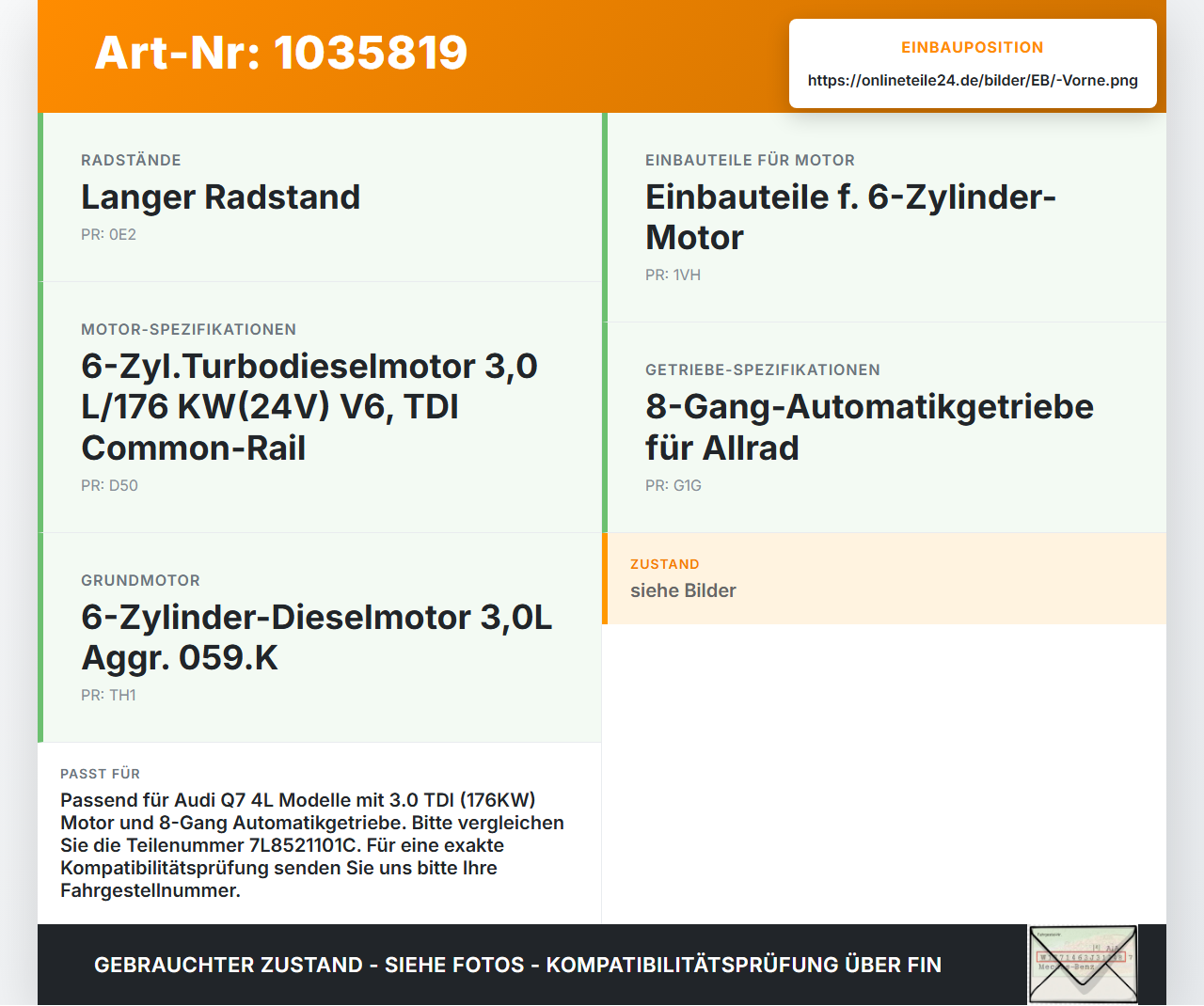 Audi Q7 4L 09-15 TDI 3,0 176KW 4WD Kardanwelle Vorne Audi Q7 4L 09-15 22.10.2012 7L8521101C gebraucht Vorschau 3